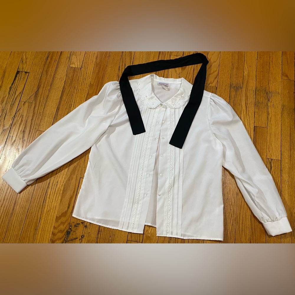 Vintage Rhoda Lee: Semi-sheer, button-up top with black bow